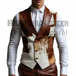 men cowhide leather vest with hair on fur cowboy waistcoat