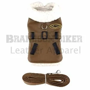 dog brown bomber jacket coat with harness & leash warm pet winter outfit