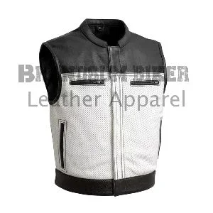 men motorcycle two toned black and white leather vest biker waistcoat