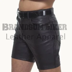men black 5 pockets leather shorts stylish genuine leather summer bottoms description (300 words):
